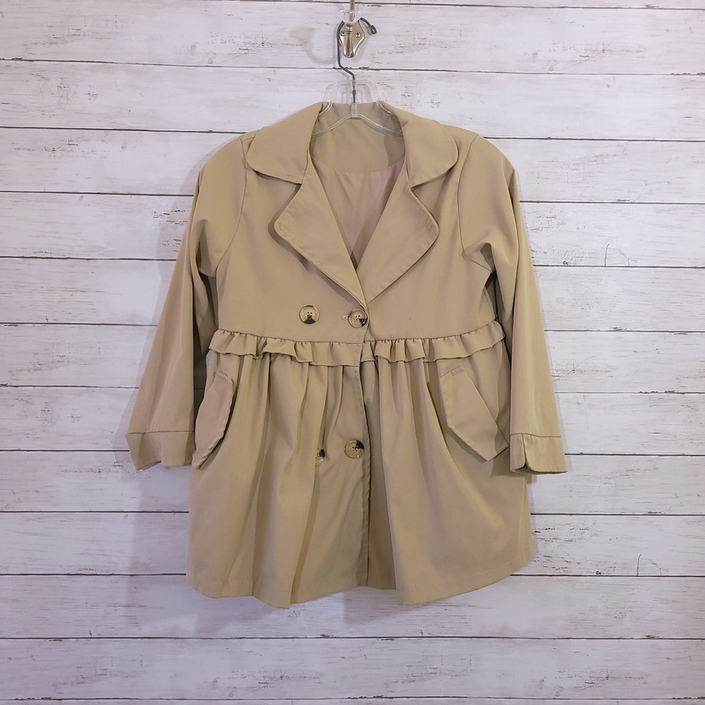 SHEIN Girls Tan Ruffle Trim Trench Coat Jacket Double Breasted Uniform Sz 10/12